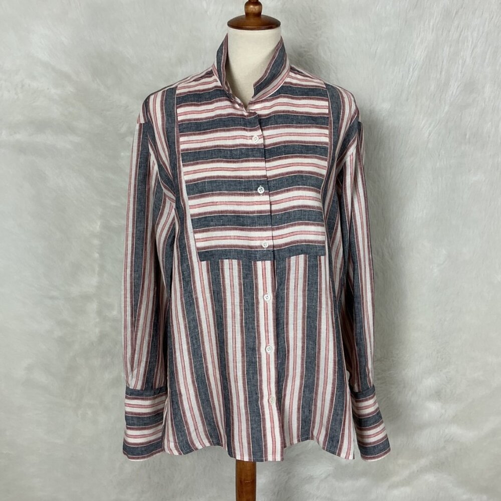 Frame Natural White, Red & Blue Stripe Bib Linen Button Down Shirt L